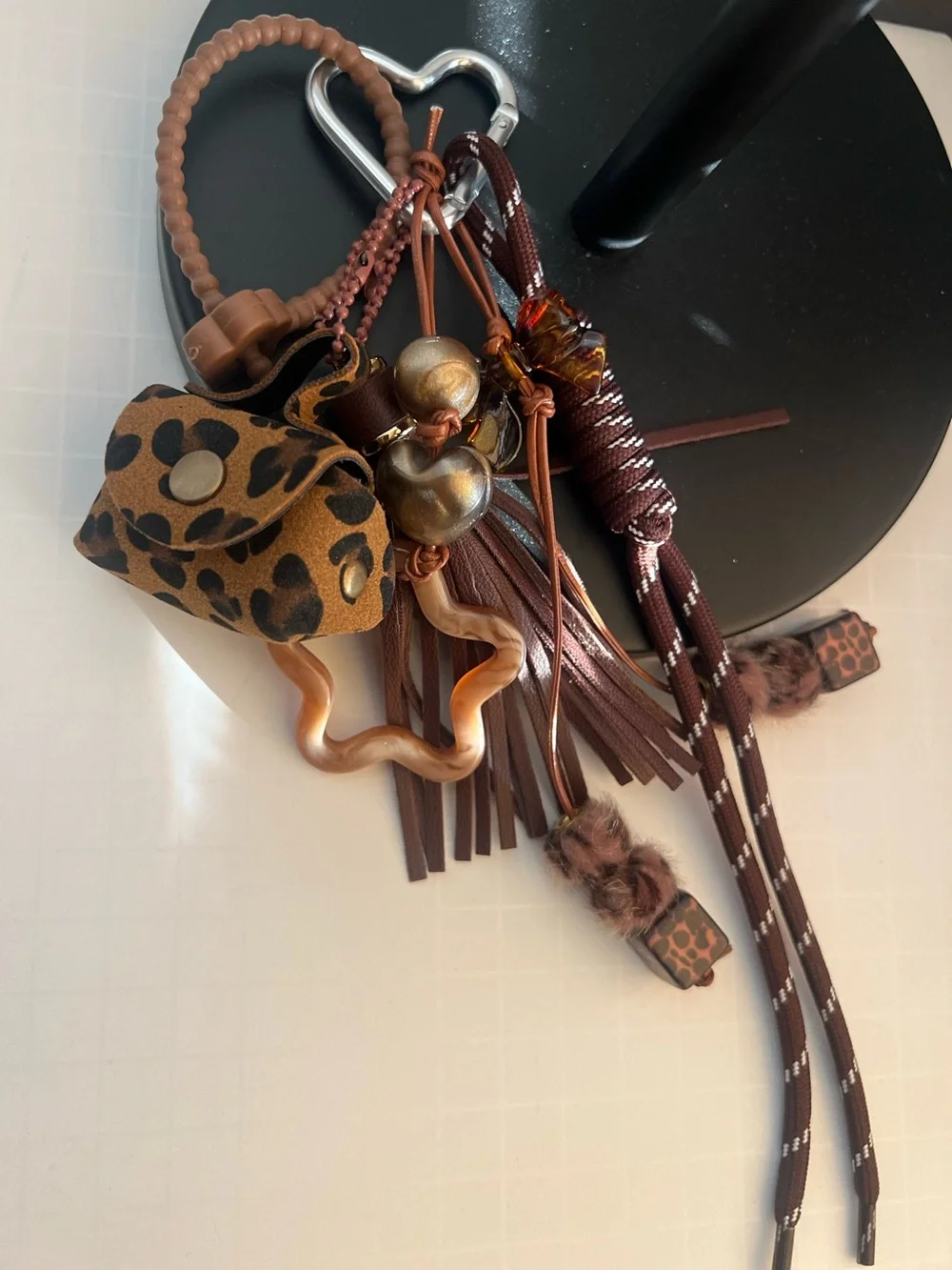 Brown Leather & Leopard Accent Keychain Bag  Charm